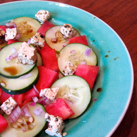 Watermelon Cucumber Vegan Feta Salad